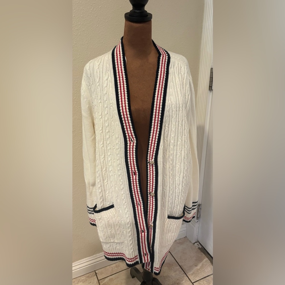 Women’s Cream Cable Knit Cardigan with Navy & Pink Trim